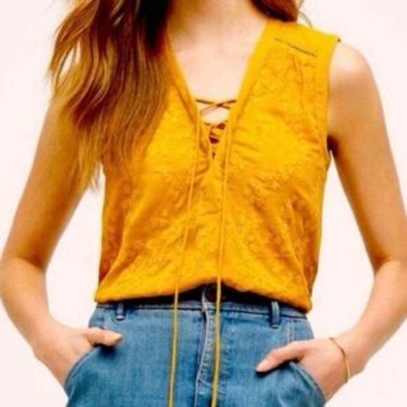 Anthropologie Maeve Embroidered Lace Up Mustard Sleeveless Blouse Tank Top - Picture 1 of 10